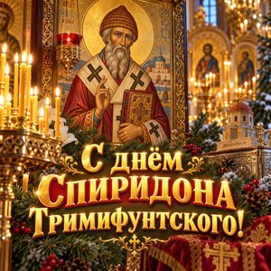 Открытка «С днём Спиридона Тримифунтского!» со свечами в храме