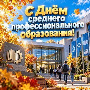 Открытка «С Днём среднего профессионального образования!» со зданием колледжа осенью Открытка «С Днём среднего профессионального образования!» со зданием колледжа осенью