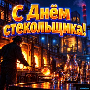 Открытка «С Днём стекольщика!» с заводом и печами