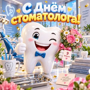 Открытка «С Днём стоматолога!» с улыбчивым зубиком
