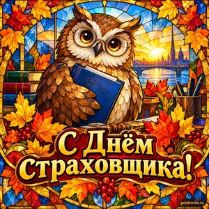 Открытка «С Днём страховщика!» с доброй совой и папкой в рамке из кленовых листьев