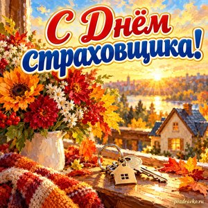 Открытка «С Днём страховщика!» с ключами от дома и букетом при золотом солнечном свете