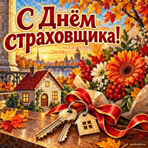 Открытка «С Днём страховщика!» с ключами от дома и букетом с нарядными праздничными лентами