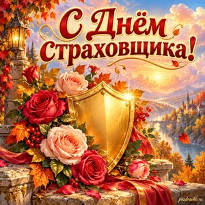 Открытка «С Днём страховщика!» с розами и золотым щитом на фоне мягких осенних облаков