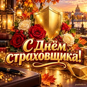 Открытка «С Днём страховщика!» с розами и золотым щитом в сиянии уютных фонариков