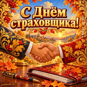 Открытка «С Днём страховщика!» с рукопожатием и папкой документов на фоне мягких осенних облаков
