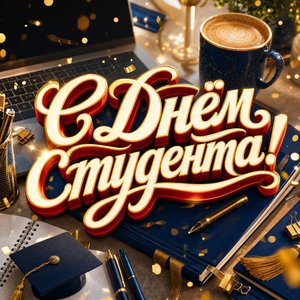 Открытка на День студента с ноутбуком и зачёткой