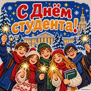Открытка «С Днём студента!» с друзьями и бенгальскими огнями