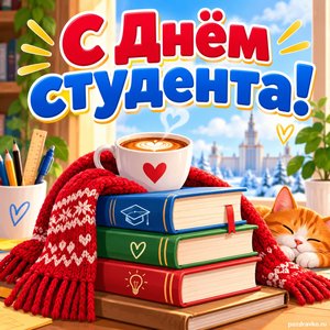 Открытка «С Днём студента!» с книгами и кофе