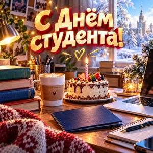 Открытка «С Днём студента!» с книгами и зачёткой