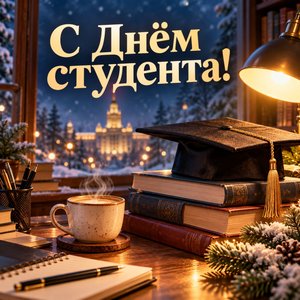 Открытка «С Днём студента!» с книгами, шапочкой и кофе