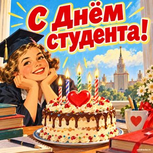 Открытка «С Днём студента!» с тортом