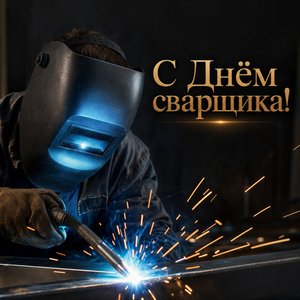 Открытка с Днём сварщика с маской и яркой дугой