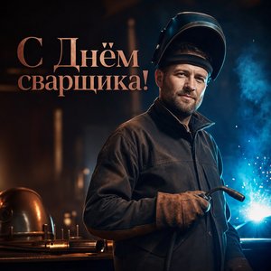 Открытка с Днём сварщика со сварщиком в мастерской