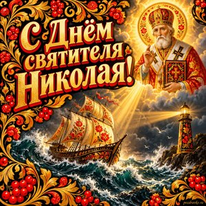 Открытка «С Днём святителя Николая!» с кораблём и маяком
