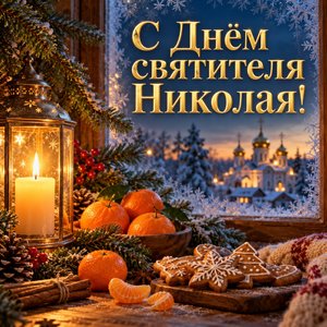Открытка «С Днём святителя Николая!» с мандаринами, пряниками и свечой