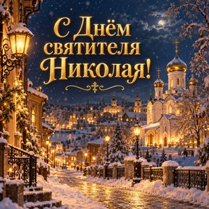 Открытка «С Днём святителя Николая!» с ночной заснеженной улицей и храмом