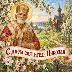 Открытка «С днём святителя Николая!» со святителем в цветущем саду