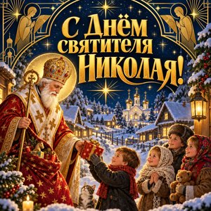 Открытка «С Днём святителя Николая!» со святым Николаем и детьми