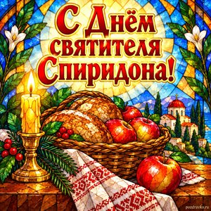Открытка «С Днём святителя Спиридона!» с хлебом и свечой