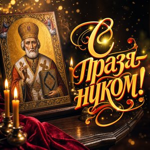 Открытка Рождество Святого Николая Чудотворца с иконой святителя и свечами