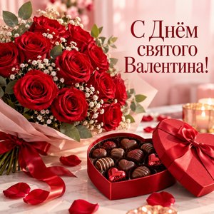 Открытка «С Днём святого Валентина!» с розами и конфетами-сердцем