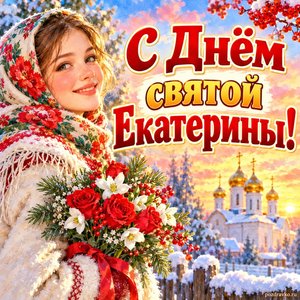 Открытка «С Днём святой Екатерины!» с девушкой и букетом