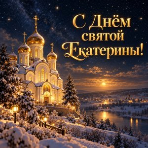 Открытка «С Днём святой Екатерины!» с храмом под звёздным небом