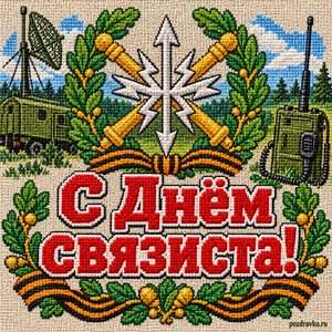 Открытка «С Днём связиста!» с эмблемой и молниями