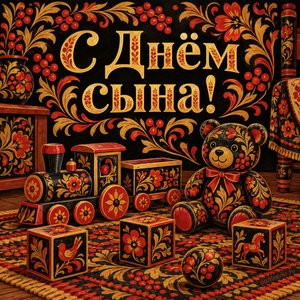 Открытка «С Днём сына!» с деревянным паровозиком