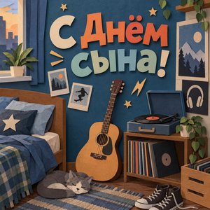 Открытка «С Днём сына!» с гитарой в комнате