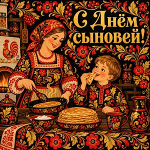 Открытка «С Днём сыновей!» с блинами на кухне