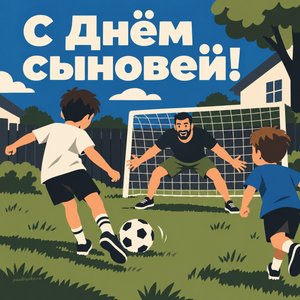 Открытка «С Днём сыновей!» с футболом во дворе