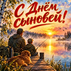 Открытка «С Днём сыновей!» с рыбалкой на рассвете у мостков