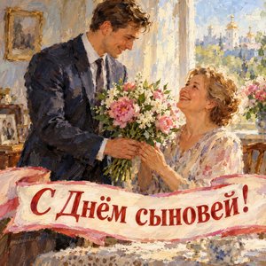 Открытка «С Днём сыновей!» с сыном и букетом для мамы