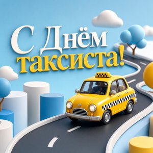 Открытка с Днём таксиста с 3D-такси на дороге