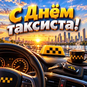 Открытка «С Днём таксиста!» с шашечками и рулём