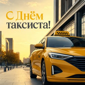 Открытка с Днём таксиста с жёлтым такси в городе