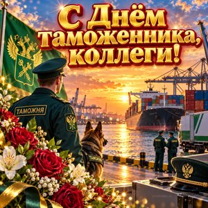 Открытка «С Днём таможенника, коллеги!» с портом и контейнерами
