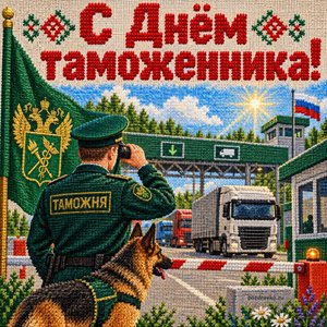 Открытка «С Днём таможенника!» с КПП и фурами