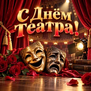 Открытка «С Днём театра!» с масками и занавесом