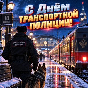 Открытка «С Днём транспортной полиции!» с вокзалом и поездом