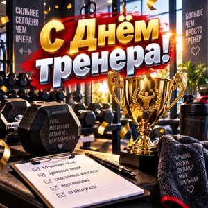 Открытка «С Днём тренера!» с кубком и гантелями