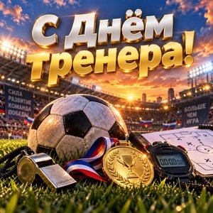 Открытка «С Днём тренера!» со свистком и медалью