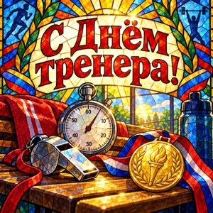 Открытка «С Днём тренера!» со свистком и золотой медалью