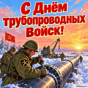 Открытка «С Днём трубопроводных войск!» с трубопроводом в поле