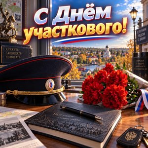 Открытка «С Днём участкового!» с фуражкой и гвоздиками