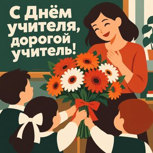 Открытка «С Днём учителя, дорогой учитель!» с букетом от учеников