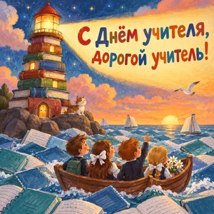 Открытка «С Днём учителя, дорогой учитель!» с маяком из книг