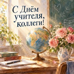 Открытка «С Днём учителя, коллеги!» с глобусом в луче солнца